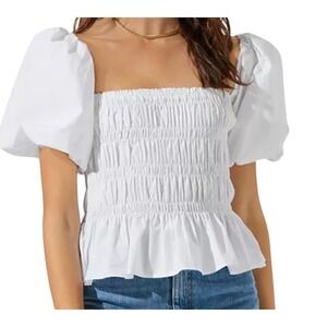 Francesca's White Peplum Top‎ Square Neck Puff Sleeve Blouse Women's Small